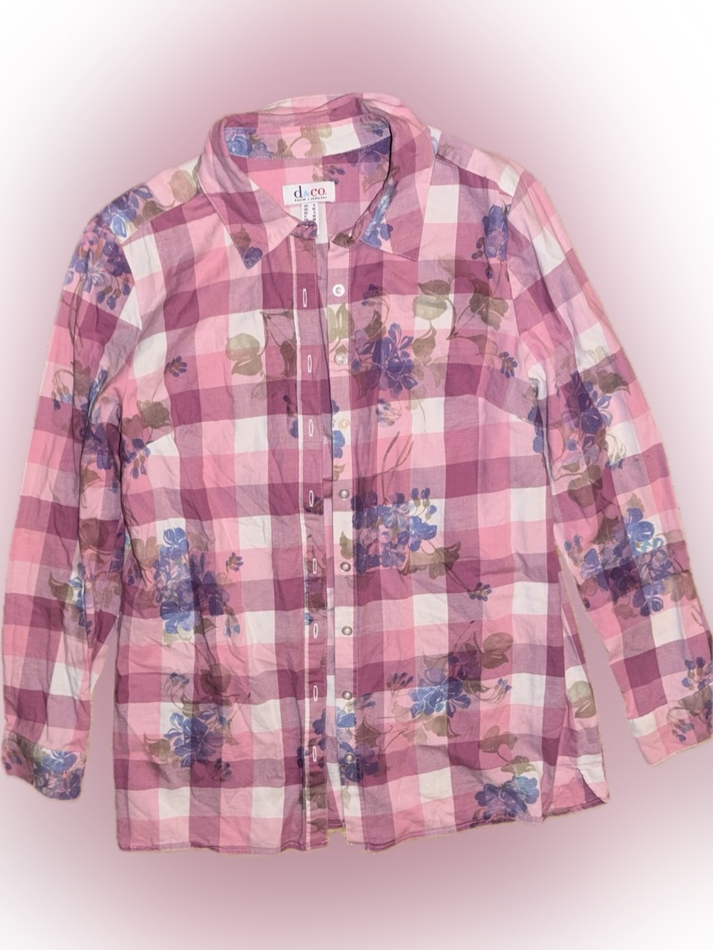 Denim & Co Womens S Pink Gingham Floral Button Down Shirt Cottagecore Cotton